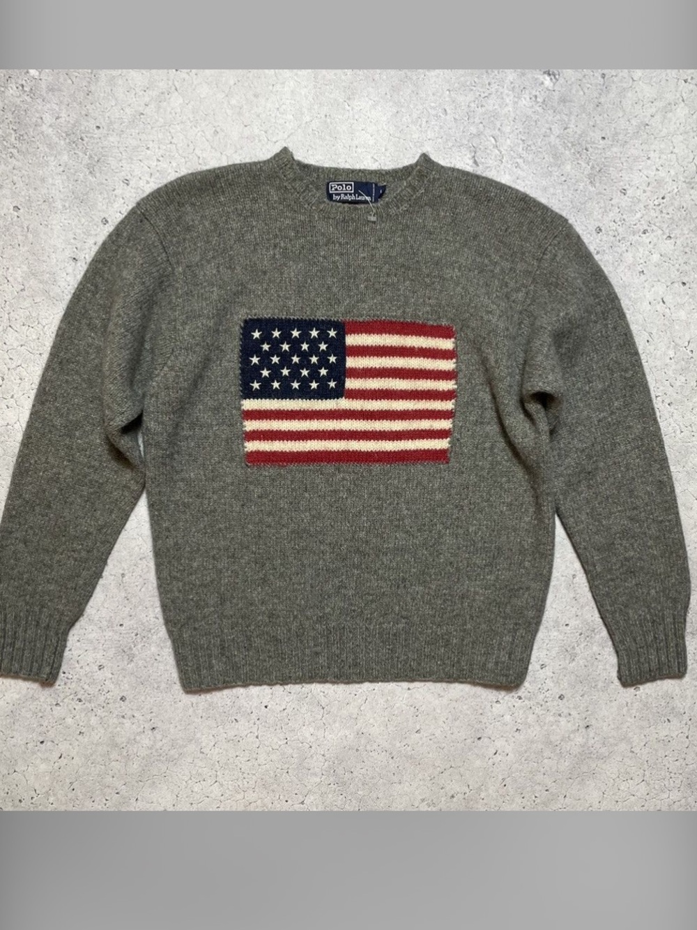 Ralph Lauren Gray Crewneck Sweater with American Flag Large